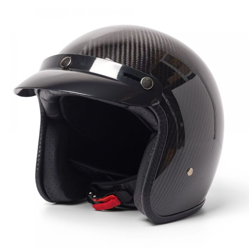 Motorcycle Gear Vintage - หมวกกันน็อควินเทจคาร์บอนไฟเบอร์น้ําหนักเบาเป็นพิเศษ 3/4 หมวกกันน็อคสกู๊ตเตอร์เจ็ทเทรนด์หมวกกันน็อคมอเตอร์ไซค์เปิดหน้าสีดําเงา