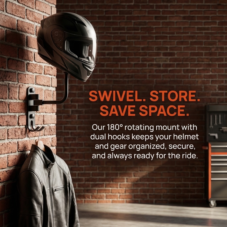 Motorcycle Gear Rack - ที่แขวนหมวกกันน็อคอลูมิเนียมอัลลอยด์พรีเมียม 180 ° ชั้นวางติดผนังแบบหมุนได้สำหรับอุปกรณ์จักรยาน ของขวัญสำหรับนักปั่นในบ้านหรือโรงรถ