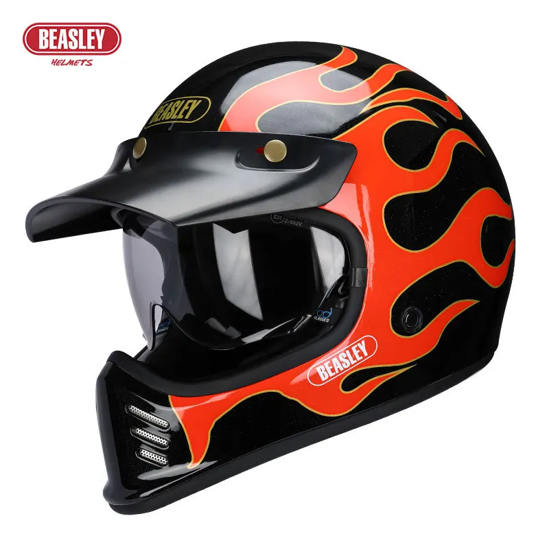 Motorcycle Gear Vintage - หมวกกันน็อคมอเตอร์ไซค์แนววินเทจหมวกกันน็อครถยนต์ไฟฟ้าลายเปลวไฟหางเสือสากลสำหรับชายและหญิงทุกฤดูหมวกคลุมเต็มหน้า