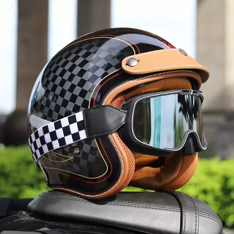 Motorcycle Gear Vintage - หมวกกันน็อคมอเตอร์ไซค์แบบเปิดหน้าสำหรับผู้ชายผู้หญิงลายจุดหมวกกันน็อคแบบคลาสสิกหมวกกันน็อคเจ็ทหมวกกันน็อคโมโตครอสสไตล์วินเทจ3/4ครึ่งหางเสือ